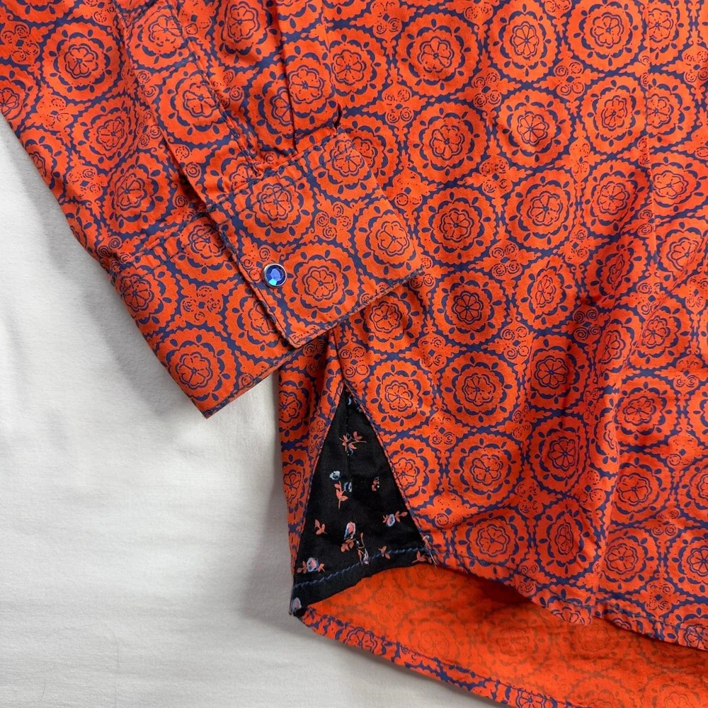 Wrangler Rock 47 Shirt Women's Large Orange Blue Pearl Snap Button Down